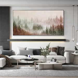 Misty Pines: Panoramic Misty Forest Landscape Oil Painting on Canvas
