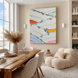 "Moments of Color" abstract oil painting with thick impasto texture, orange, blue, yellow.