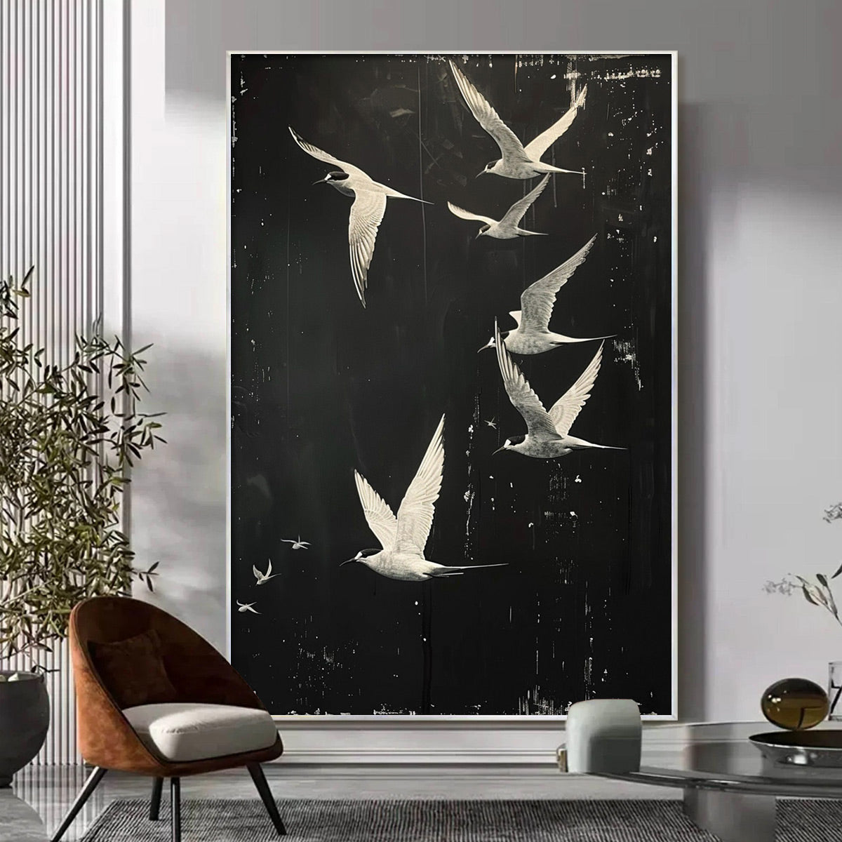 Night Flight: Original Monochromatic Birds Oil Painting - Black and White Animal Wall Art Decor