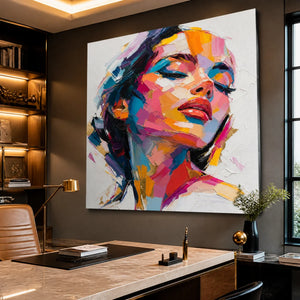 Colorful pop art female portrait wall art in modern office, bold abstract oil painting.
