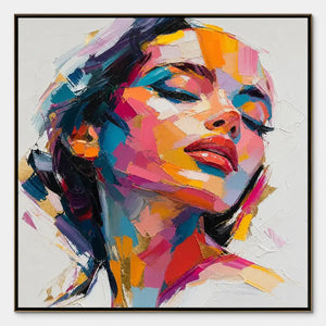 Colorful pop art female portrait oil painting, bold abstract wall art for modern interiors