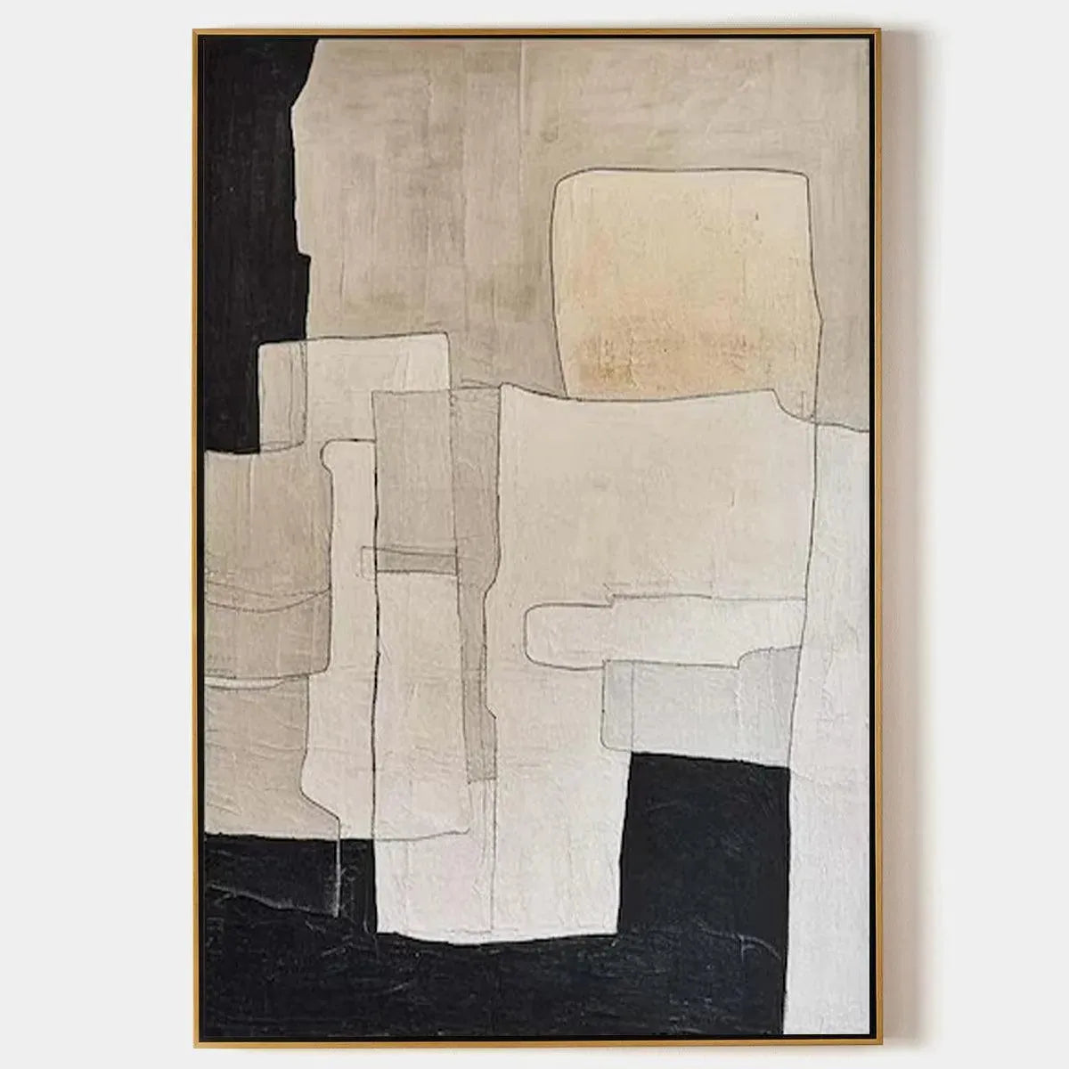 NEUTRAL ABSTRACT: Minimalist beige and black abstract painting by Javier Ramirez showcasing textured geometric forms.