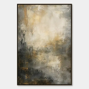 Vertical abstract oil painting with black, gray and gold textured layers