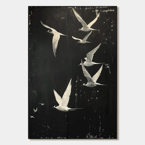 Night Flight: Original Monochromatic Birds Oil Painting - Black and White Animal Wall Art Decor