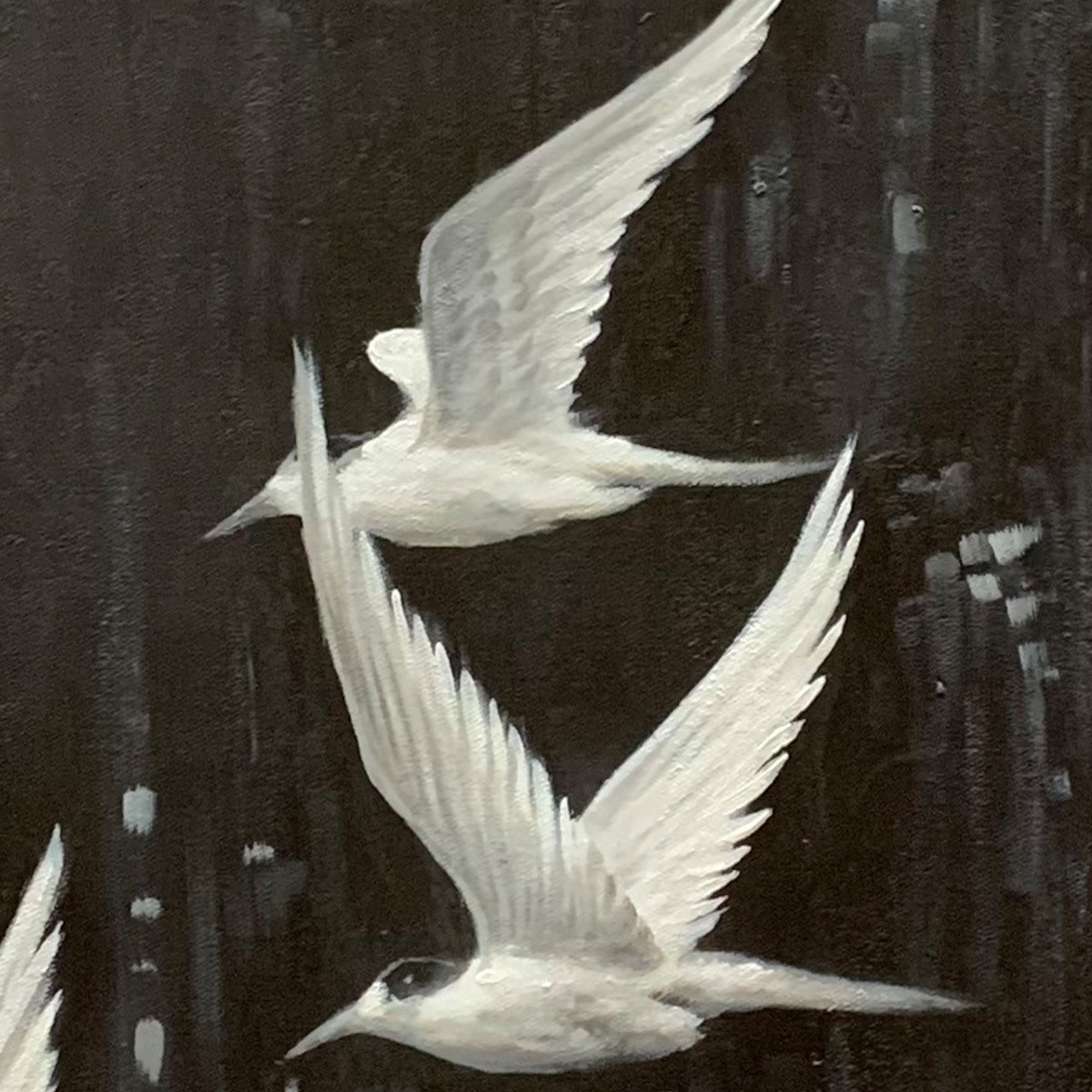 NIGHT FLIGHT: Monochromatic Birds in Flight Oil Painting