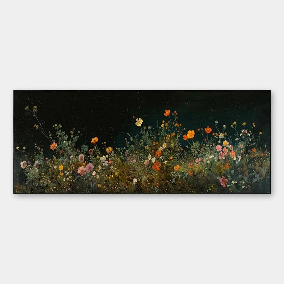 Panoramic wildflower painting, dark floral decor. Features pink, orange, yellow blooms against a dark background.