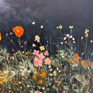 NIGHT GARDEN PANORAMIC: Wildflower Painting, Panoramic Wall Art, Dark Floral Decor