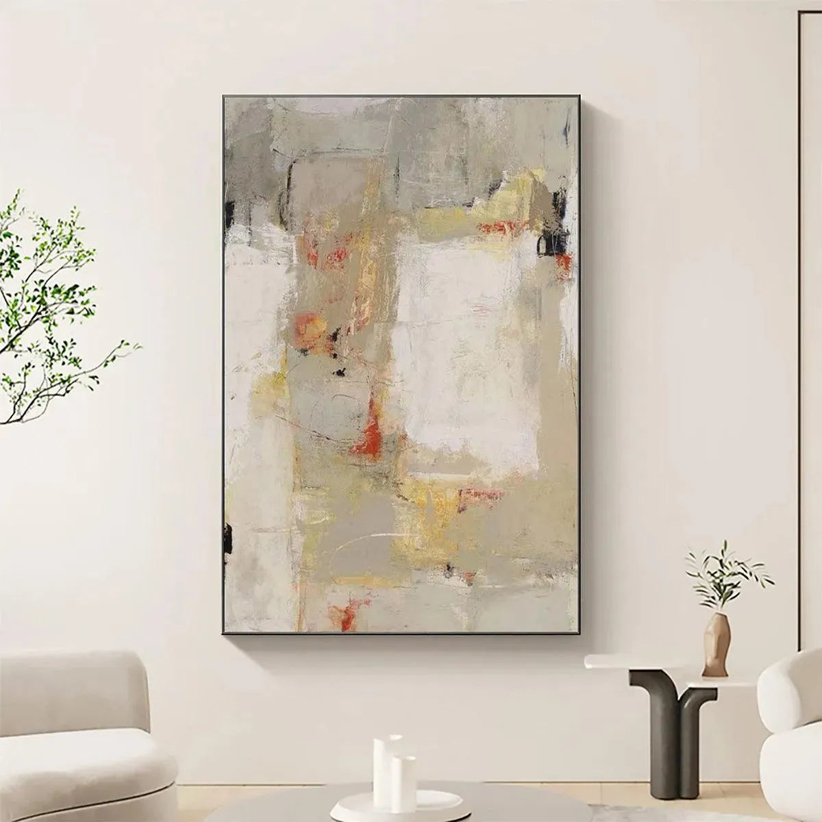 Minimalist Neutral Abstraction Painting by Javier Ramirez, Vertical Wall Art