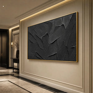 Black textured minimalist impasto wall art in gold frame for modern luxury interior