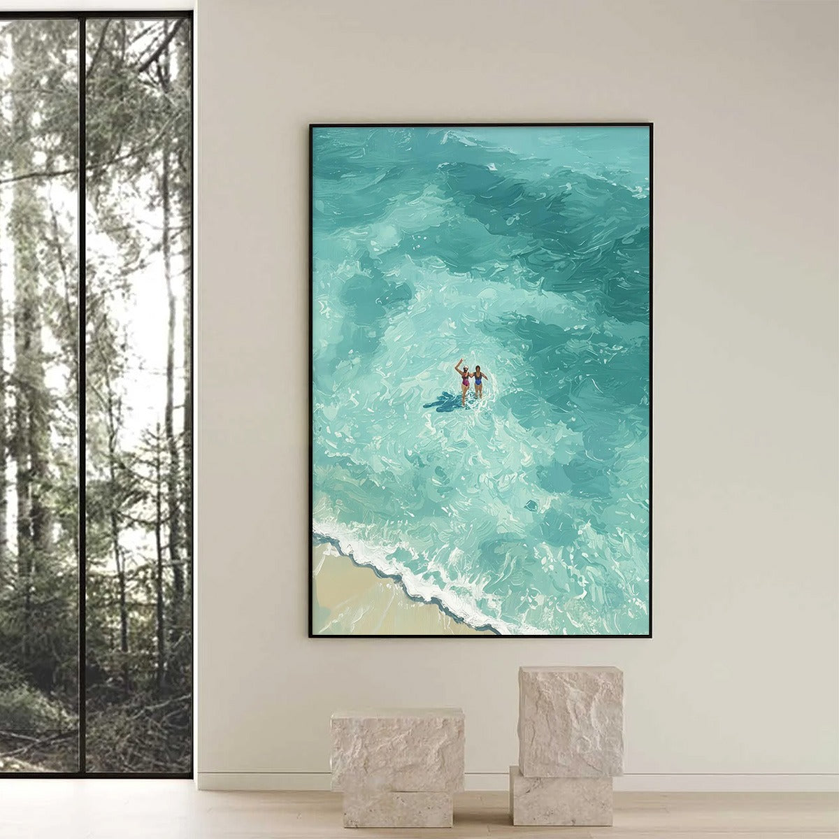 OCEAN EMBRACE: Aerial View Beach Scene with Swimmers Oil Painting