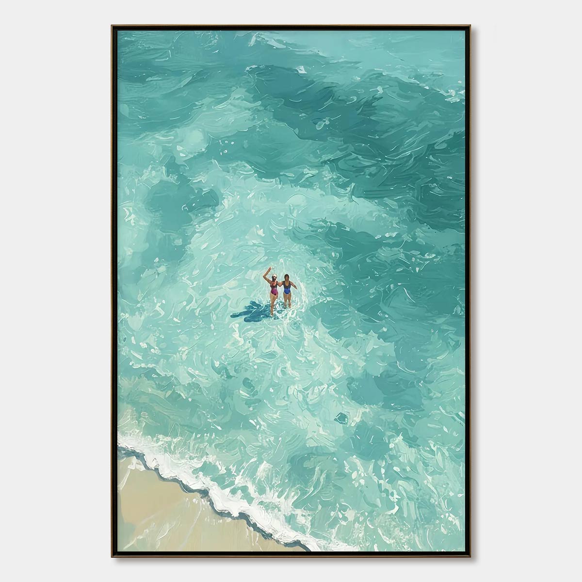 OCEAN EMBRACE: Aerial View Beach Scene with Swimmers Oil Painting