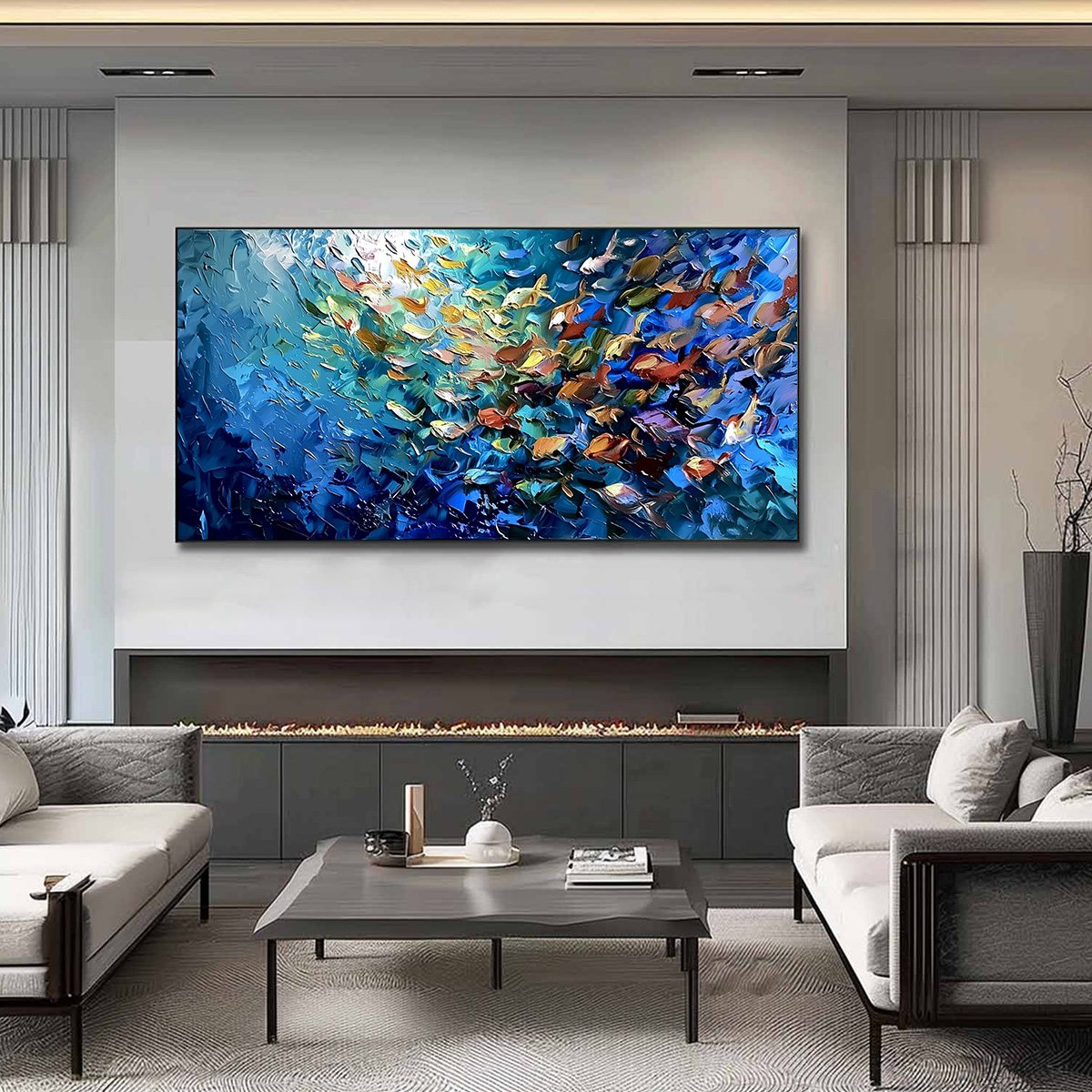 OCEANIC CONVERGENCE: Textured Impasto Painting of a Vibrant School of Fish