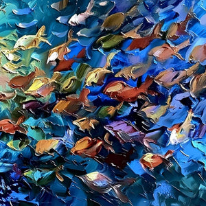 OCEANIC CONVERGENCE: Textured Impasto Painting of a Vibrant School of Fish