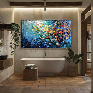 OCEANIC RUSH: Textured Palette Knife Painting of a School of Fish