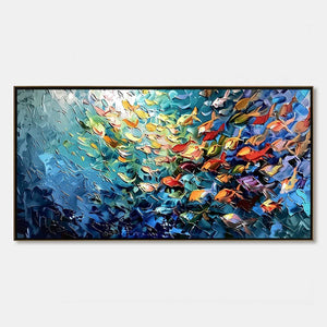 OCEANIC RUSH: Textured Palette Knife Painting of a School of Fish