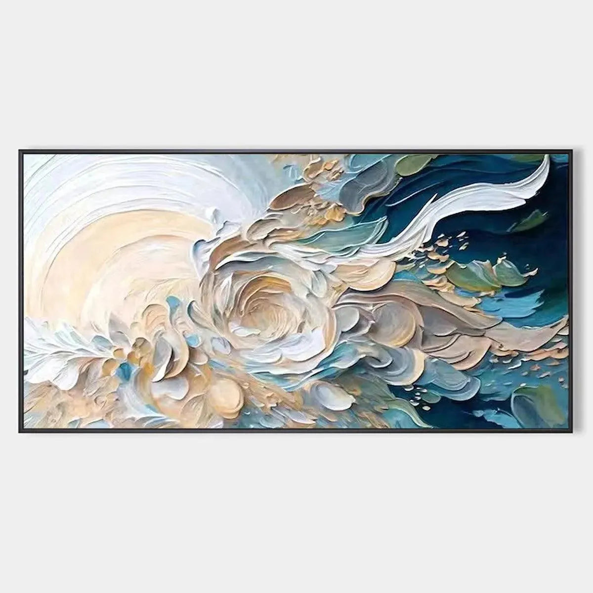 Oceanic Bloom abstract floral painting, textured impasto in blue, beige, and gold.