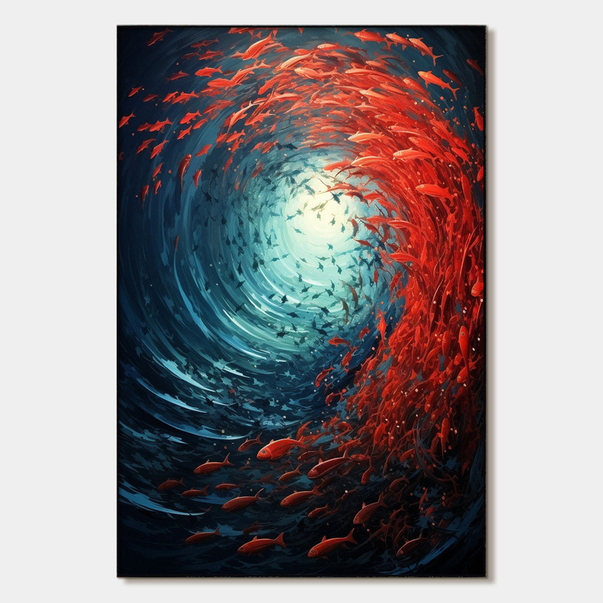 Oceanic Dance: Original Abstract Fish Oil Painting - Red and Blue Ocean Vortex Wall Art