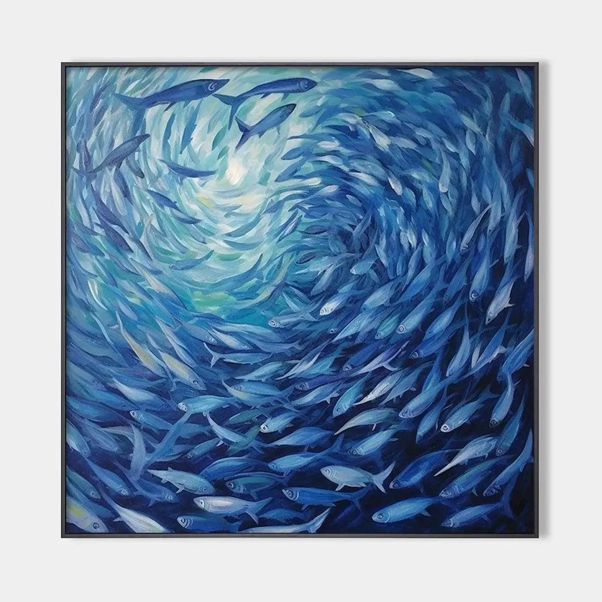 Oceanic Whirl original handmade oil painting - dynamic blue school of fish swirling in circular motion wall art.