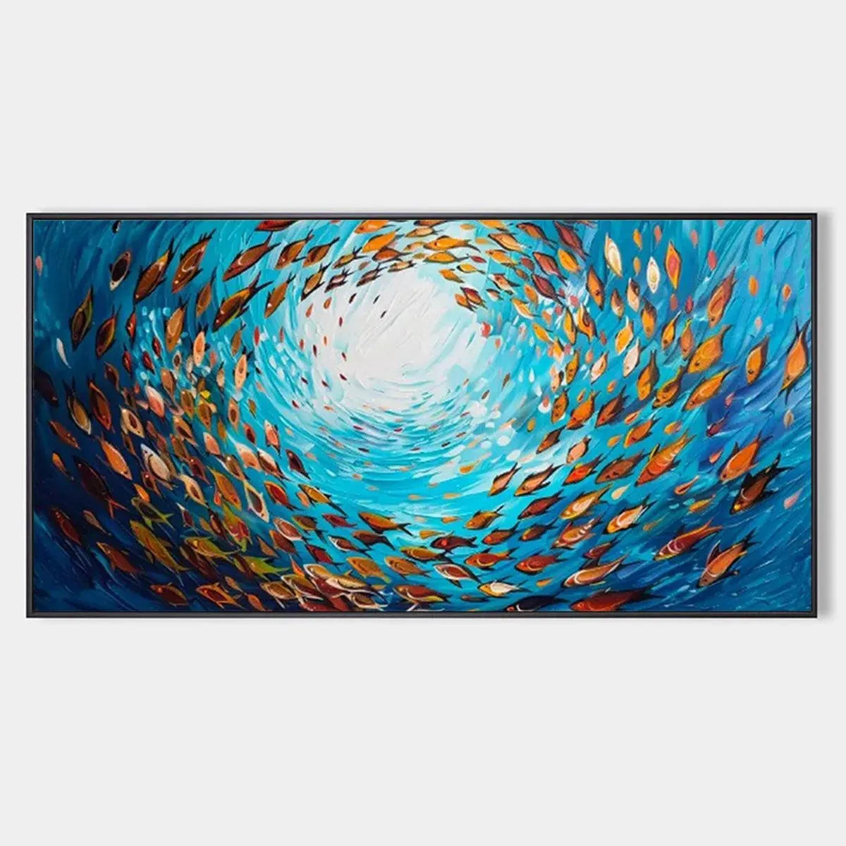 Oceanic Whirl painting by Chak Yu Lam, featuring a swirling school of fish in blues and oranges, horizontal wall art.