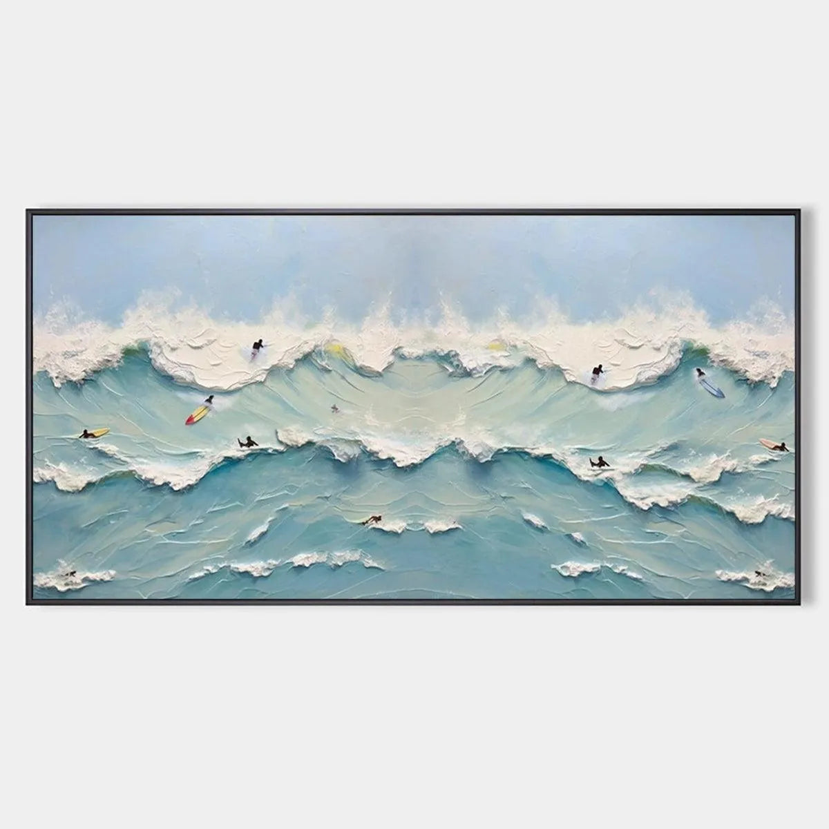 Ocean's Heartbeat panoramic painting: surfers on dynamic blue waves. Textured brushstrokes by Liam O'Connell.