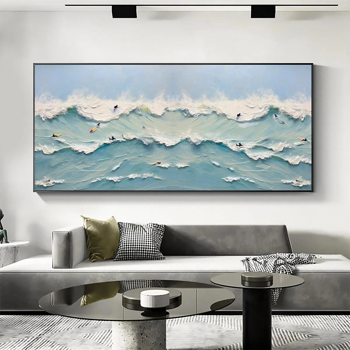 Ocean's Heartbeat panoramic painting: surfers ride textured blue waves in living room decor by Liam O'Connell.