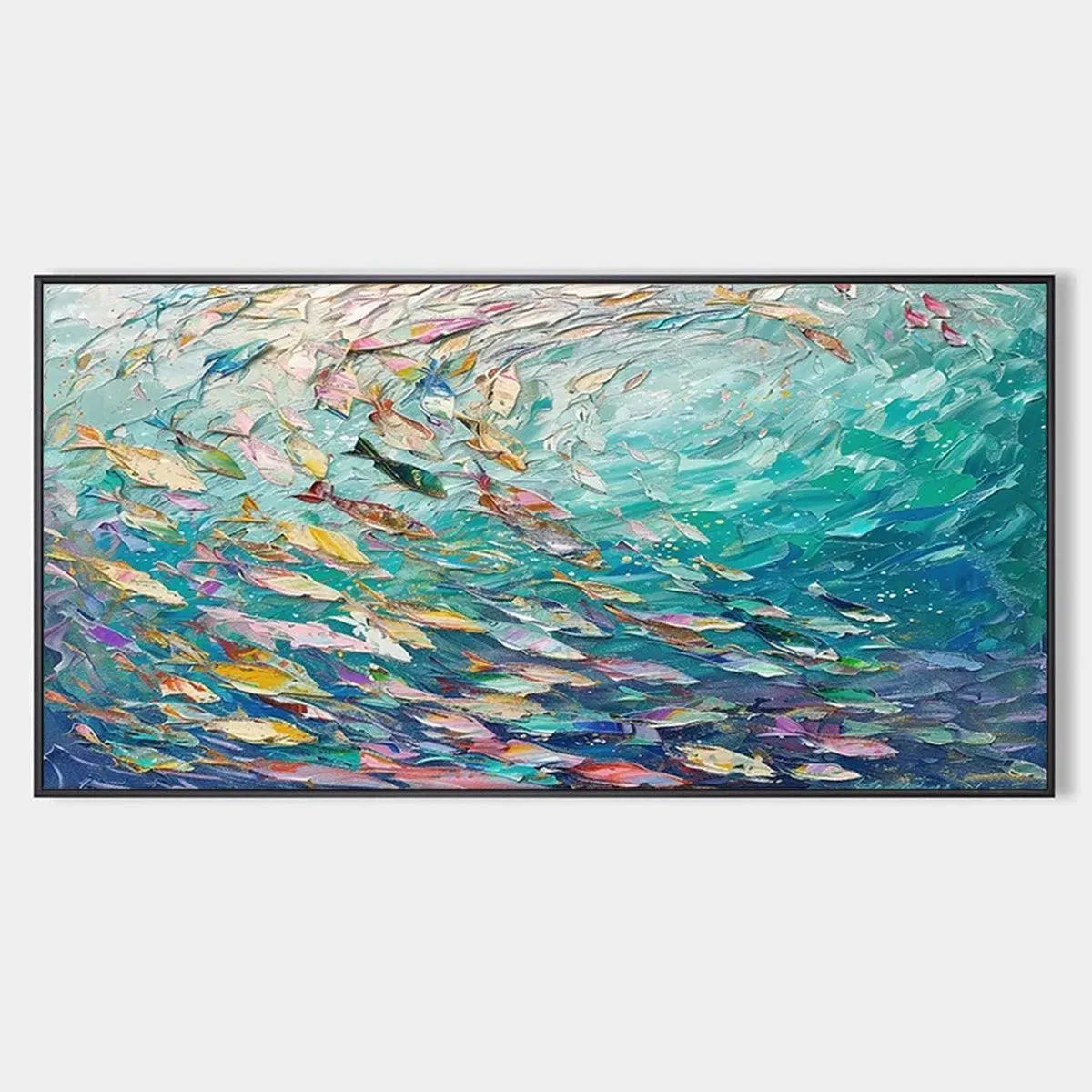 Textured abstract seascape painting "Ocean Currents" by Willow Davies with colorful fish in blue and green waters.