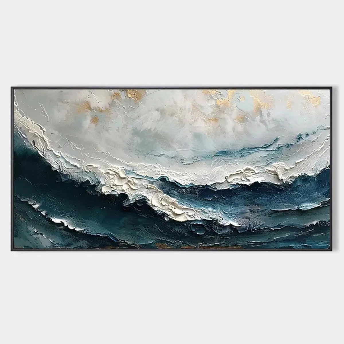 Ocean Dream textured abstract painting by Liam O'Connell, featuring blue, white, and gold ocean waves in a black frame.