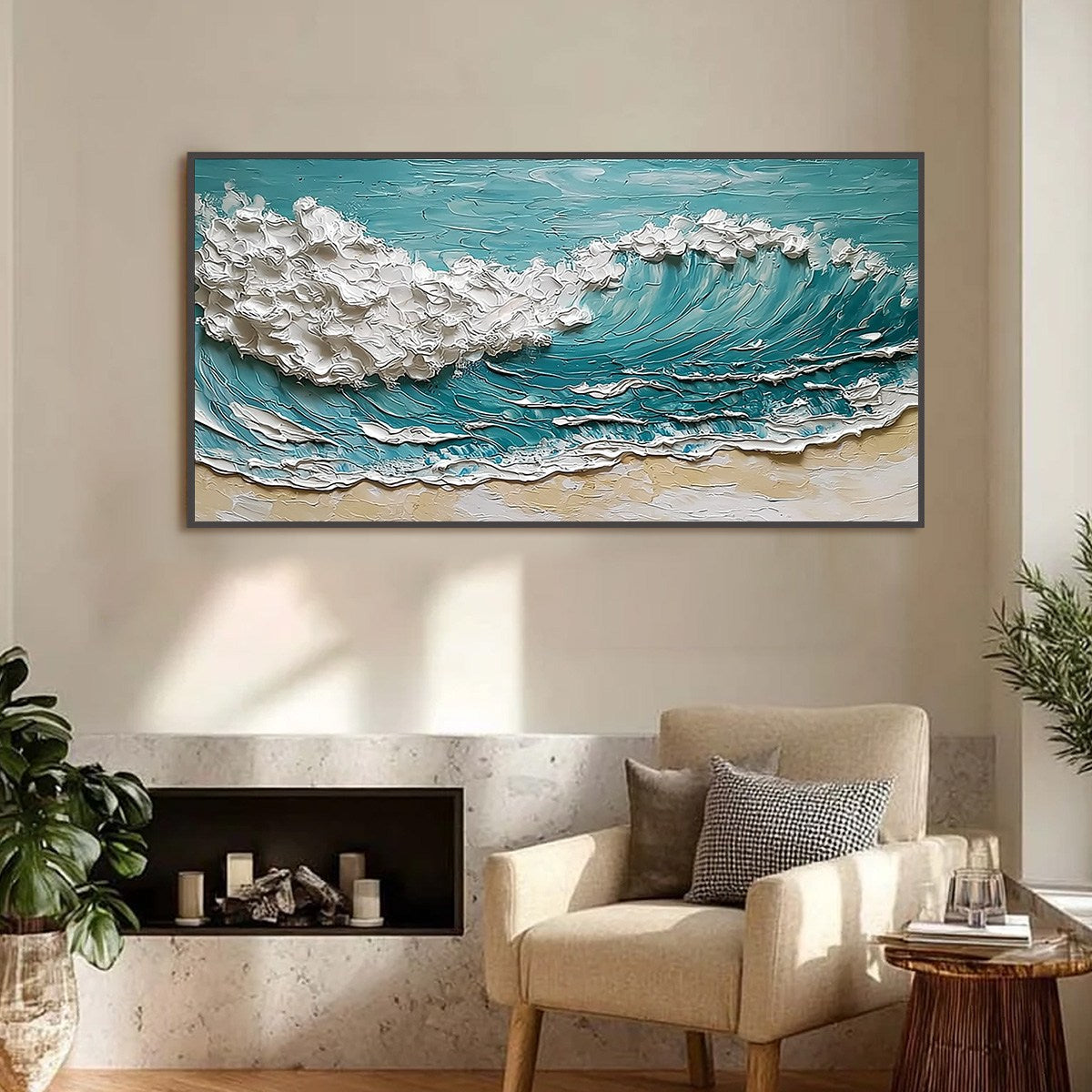 OCEAN'S EMBRACE: Textured Impasto Ocean Wave Painting for Coastal Decor