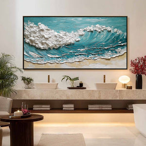 OCEAN'S EMBRACE: Textured Impasto Ocean Wave Painting for Coastal Decor