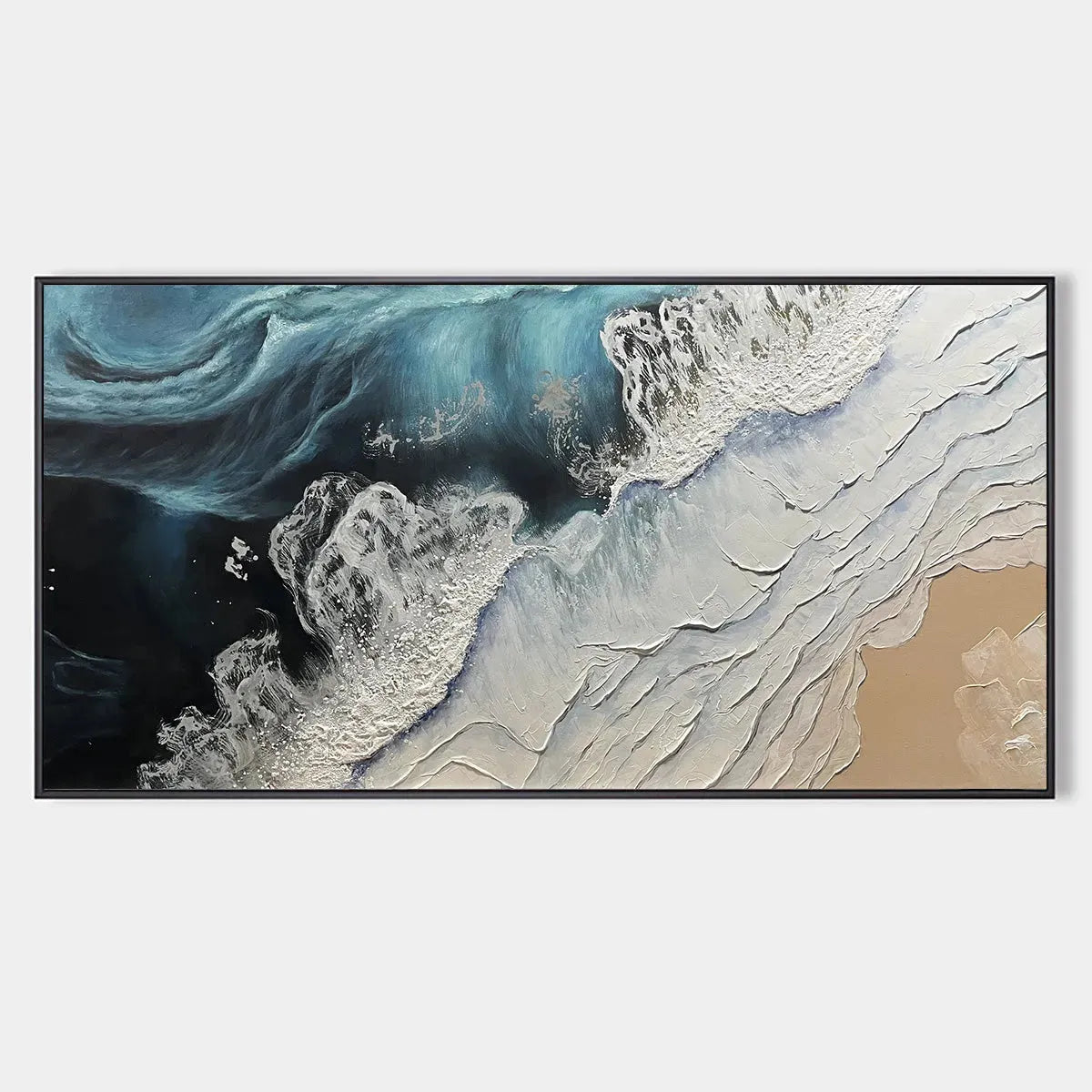 Panoramic Ocean Painting in Blue, White, and Beige, Textured Canvas, Modern Wall Art