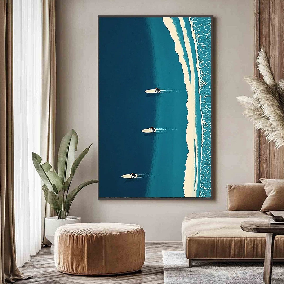 OCEAN'S THREE Minimalist Aerial Surfing Scene Oil Painting