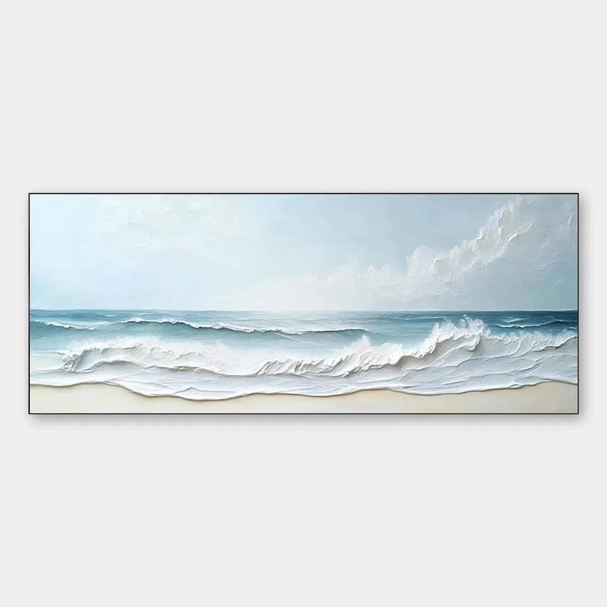 Panoramic ocean painting, textured waves on beach, serene blue water & sky. Liam O'Connell beach wall art.