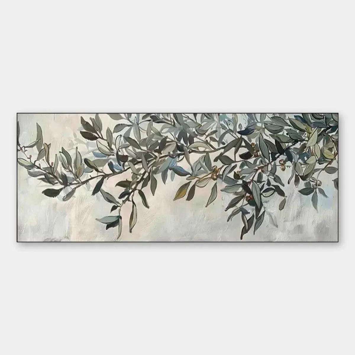Panoramic botanical painting of an olive branch with muted green leaves on an off-white textured background.