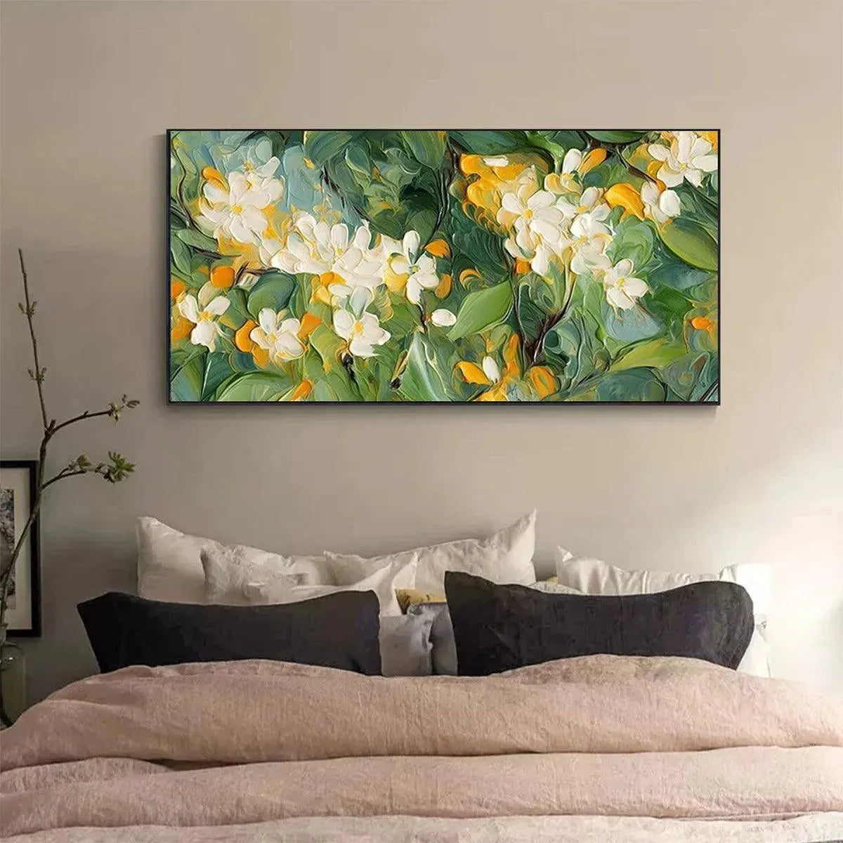 Orange Blossom textured floral painting displayed above a bed, impressionist white flowers wall art.