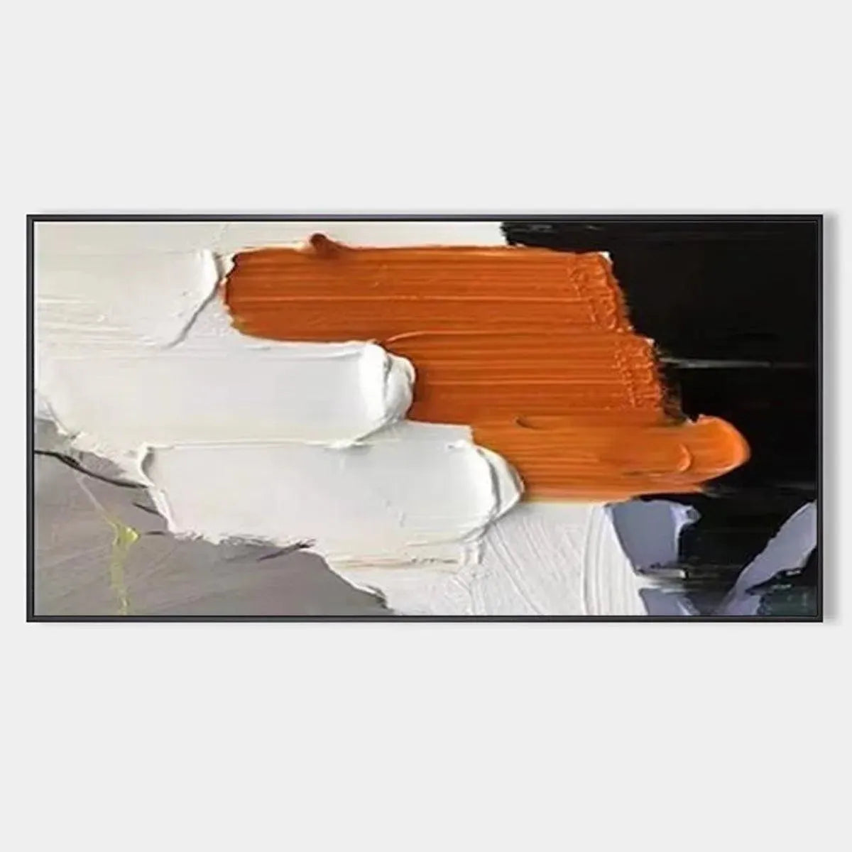 Textured orange, white, and black abstract impasto painting by Isabella Rossi for living room. Horizontal artwork.