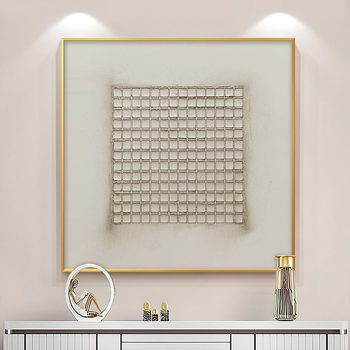 Ordered Chaos: Original Minimalist Grid Oil Painting - Textured Beige White Wall Art