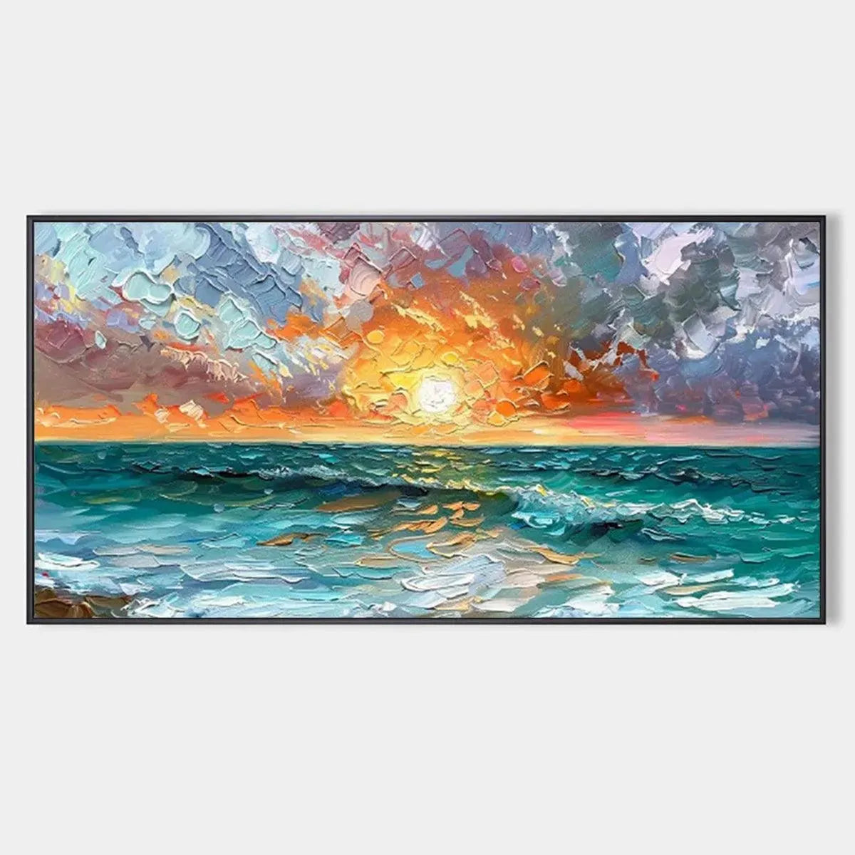 Vibrant impasto painting: textured ocean sunset with warm sky, cool waves, framed.