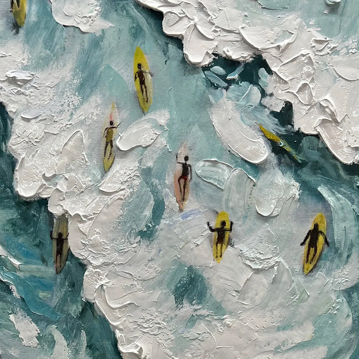 CATCHING THE WAVE: Ocean Surfers Impasto Oil Painting on Canvas