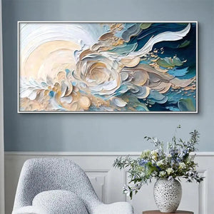 Oceanic Bloom abstract painting by Willow Davies in a white frame, blue, beige, and gold tones. Modern interior art.