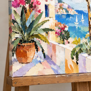 TERRACE BY THE SEA — Texture detail on an easel, no outer frame