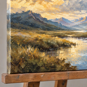 VALLEY AFTERGLOW — Texture detail on an easel, no outer frame