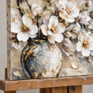 PORCELAIN BOUQUET — Texture detail on an easel, no outer frame
