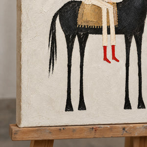 THE SCARLET RIDER — Texture detail on an easel, no outer frame