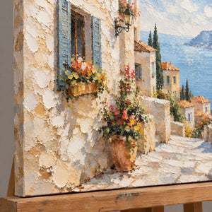 STEPS TO THE WATER — Texture detail on an easel, no outer frame