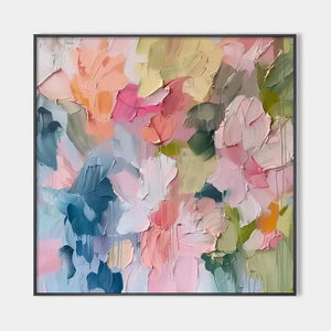 Textured "Pastel Dream" floral art in soft pink, peach, yellow, green, blue hues. Black frame.
