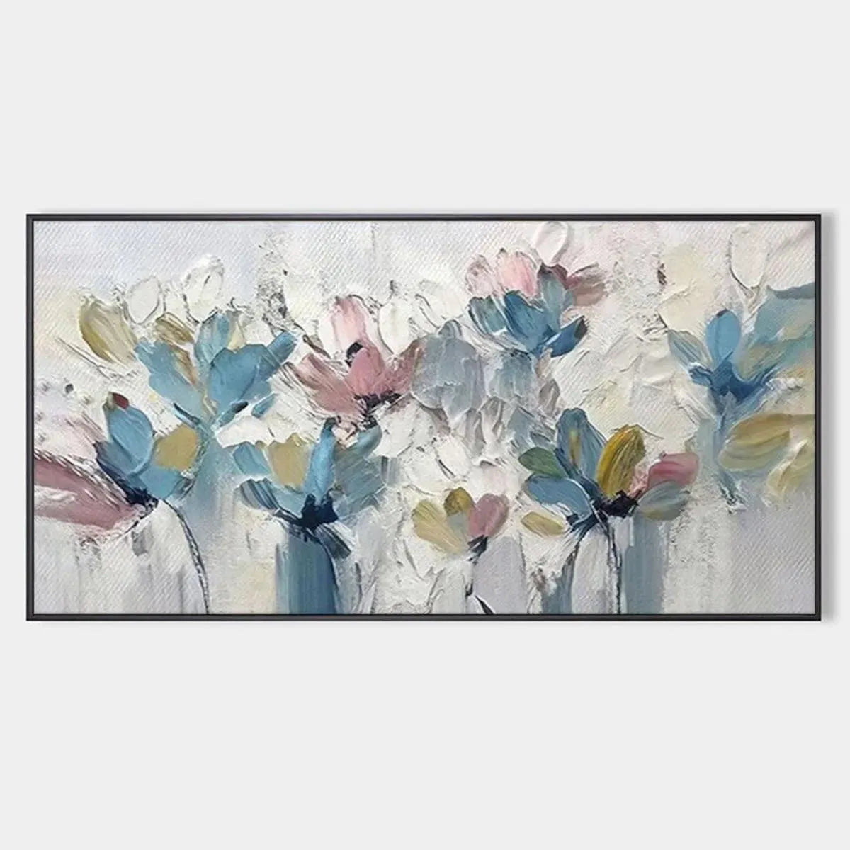 Textured panoramic floral painting in pastel hues of pink, blue, and yellow. Impressionist style wall art by Elodie Dubois.