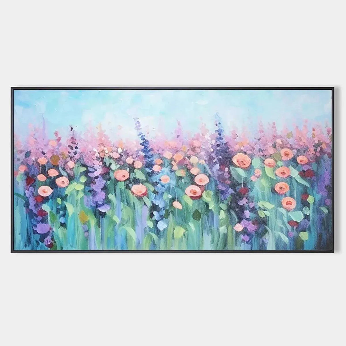 Pastel Meadow impressionistic floral oil painting with pink, peach, purple flowers in black frame - original wall art.