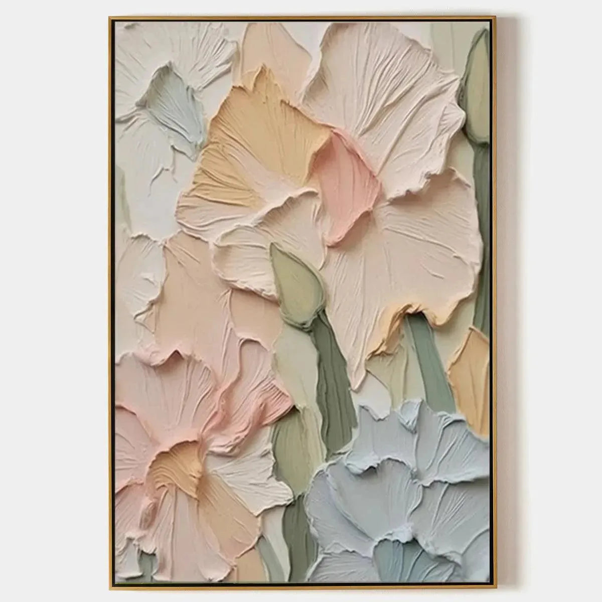 Textured impasto floral painting, pastel petals in peach, pink, cream, pale green. 3D flower art on square canvas.