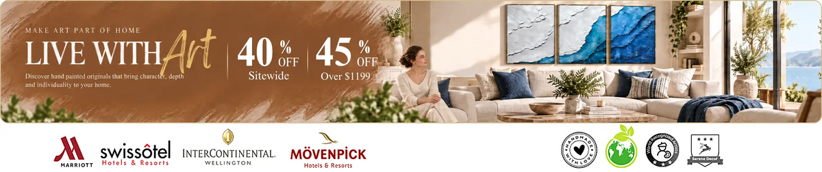 Live With Art with original hand-painted wall art in a bright modern living room.