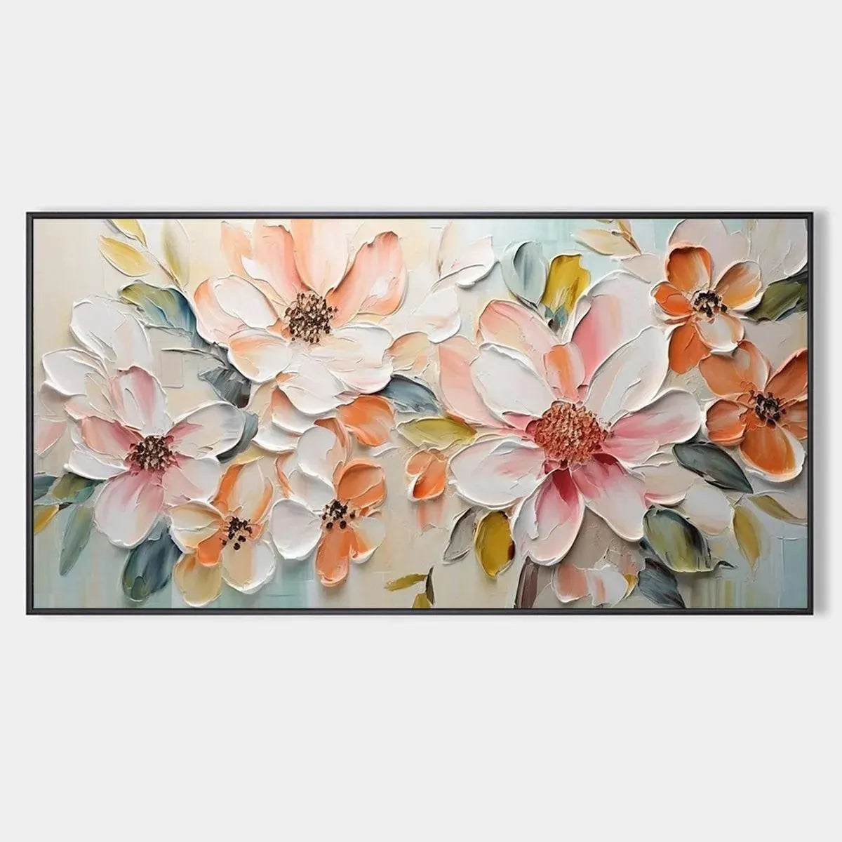 Textured impasto painting of peach blossom flowers in peach and white hues. Horizontal artwork by Isabella Rossi.